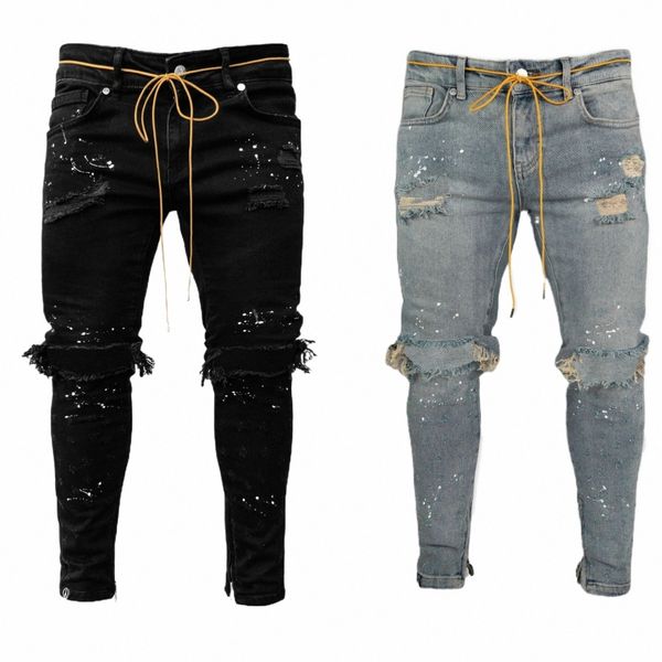Männer Jeans Stretch Destroyed Ripped Paint Point Design Fi Knöchel Reißverschluss Röhrenjeans für Männer i8YY #