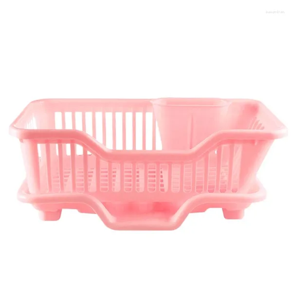 Armazenamento de cozinha plástico ambiental pia prato escorredor conjunto rack titular lavagem cesta organizador bandeja aproximadamente 17.5x9.5 7 polegadas (rosa)