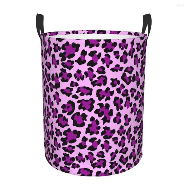 Sacos de lavanderia bonito roxo leopardo impressão cesto grande cesta de armazenamento animal sem costura meninas meninos organizador de brinquedos