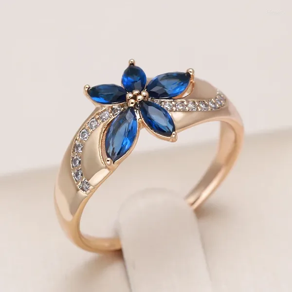 Cluster Ringe Kinel Blauer natürlicher Zirkon Ring für Frauen 585 Roségold Blume Vintage Ethnische Braut Hochzeit Schmuck Party Zubehör