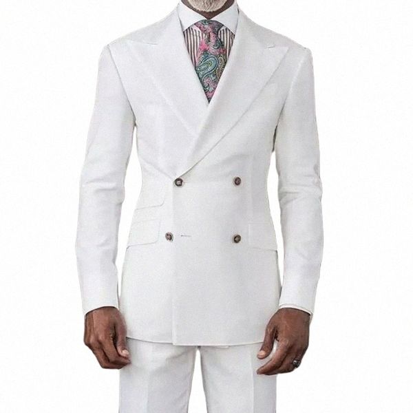 Weiße Silm Fit Männer Anzüge mit zweireihigen Spitzen Revers Groomsmen Hochzeit Smoking Männlich Fi Afrikanische Jacke Hosen 2024 Z9wM #