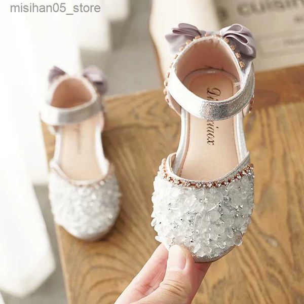 Sandálias novas crianças sapatos de couro meninas sapatos de casamento crianças princesa sandálias espumante arco meninas lazer sapatos de dança sandálias planas e462 q240328