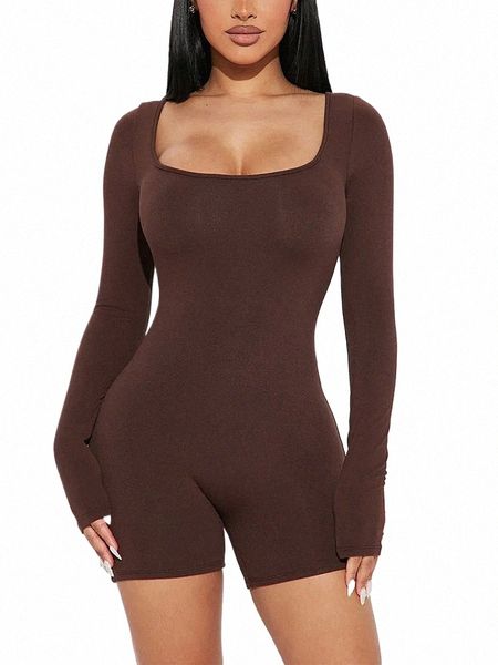 fi Lg Manga Bodyc Macacões para Mulheres Calças Curtas Macacões Macacão Tripulação Pescoço Sexy Collants One Piece Playsuit Romper 24Q3 #