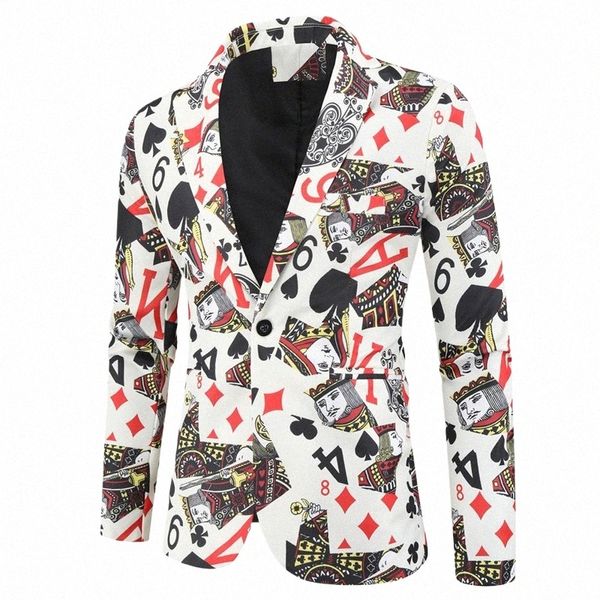 Carte da gioco Poker Stampa Divertente Mens Blazer Jacket 2020 Coreano Fi Party Prom Costume Homme Uomo Vintage Suit Blazer Hombre C1K3 #