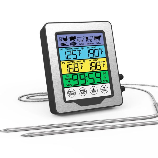 Messgeräte, digitales Lebensmittel-Fleisch-Thermometer, Küchenthermometer, Doppelsonde, LCD-Hintergrundbeleuchtung, Timer-Funktion zum Kochen, Grillen, Räuchern, Ofen, Grillen