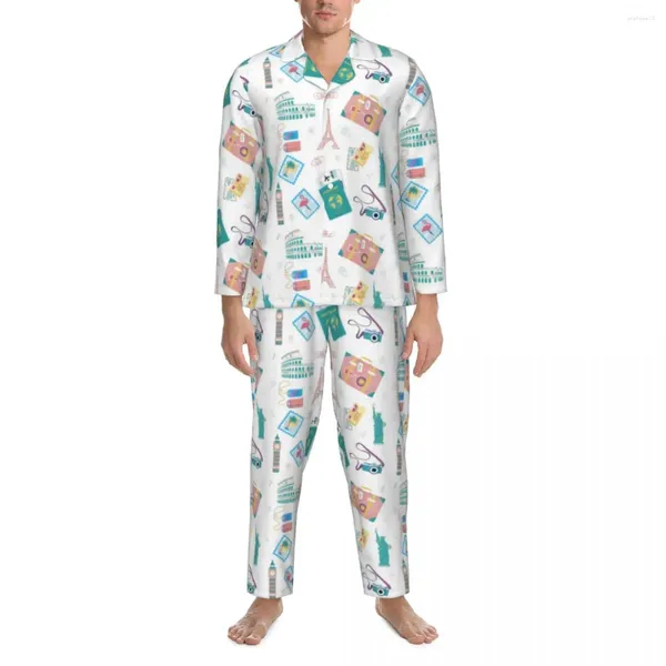 Casa roupas viagem férias conjunto de pijama passaporte férias mala pijamas masculino manga longa quarto vintage duas peças roupa de noite plus size