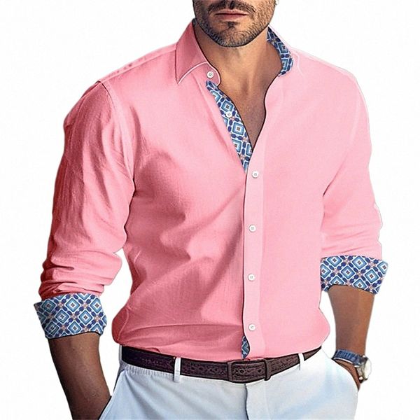 2024 New Busin Fi Casual Men's Butt Shirt LG Mangas Rosa Branco Impresso Flip Collar Diário Vacati Roupas X3SP #