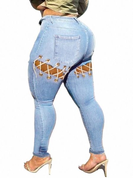 lw Plus Size Casual Street Mulheres AutumnWinter Alta Stretchy Solid Bandage Hollow-out Zipper Fly Skinny Design Baby Blue Jeans r9Td #