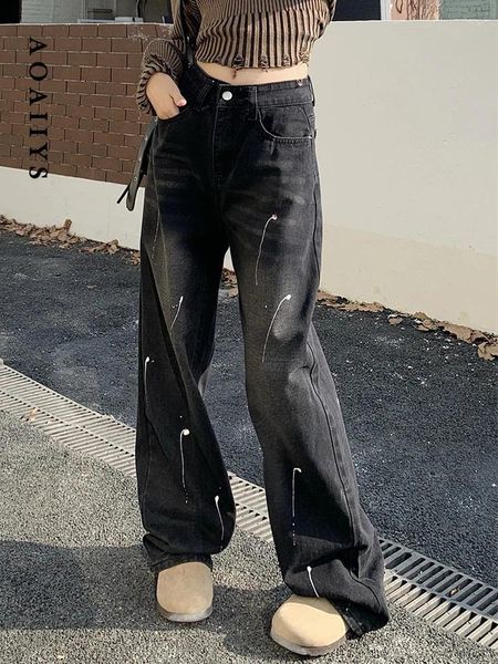 Jeans da donna Aoaiiys Pantaloni larghi in denim da donna neri Y2k Dipinti a vita alta Streetwear Gamba larga Moda Mop dritto