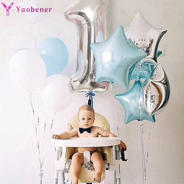 Grabsteine 1. Alles Gute zum Geburtstag Silber Blaue Folien-Zahlenballons Erstes Baby Junge Mädchen Partydekorationen Mein 1 Ein Jahr Ballons Zubehör Globos