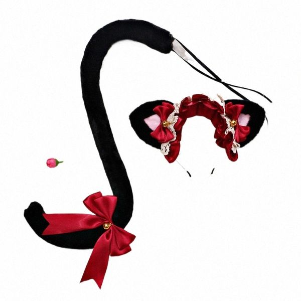 Giapponese capelli pizzo Headdr cameriera fascia Bowknot Fox Cat Ear Bell Tail Anime Cosplay Costume Halen Natale c1ZA #