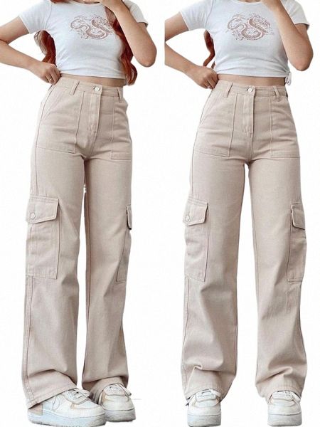 Y2k Mulheres Calças Cargo Vintage Streetwear Techwear Coreano Harajuku Parachute Pants Bege Sweatpants Wide Leg Corredores Calças W9oK #