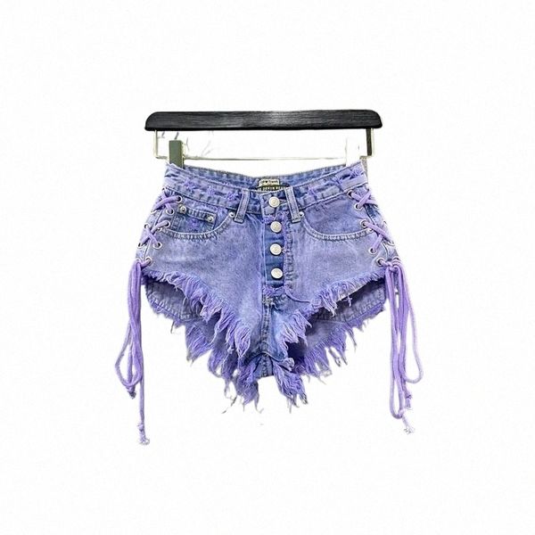 2024 sommer Neue frauen Lila Shorts Fi Sexy Low Rise Einreiher A-linie Denim Shorts Mit Strap Hot Hosen weibliche W5FT #