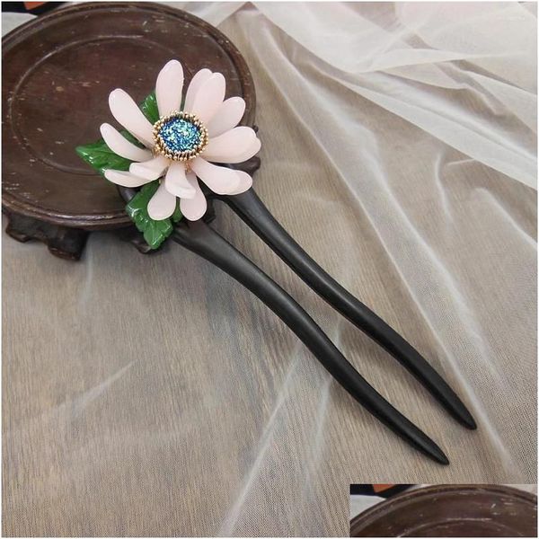 Haarspangen Haarspangen Chrysantheme 2-Zack Ebenholz Stick Pin Vintage Glasur Artglass Chinesische Haarnadel Holznadeln Pince Cheveux Femme Wigo Ot1At