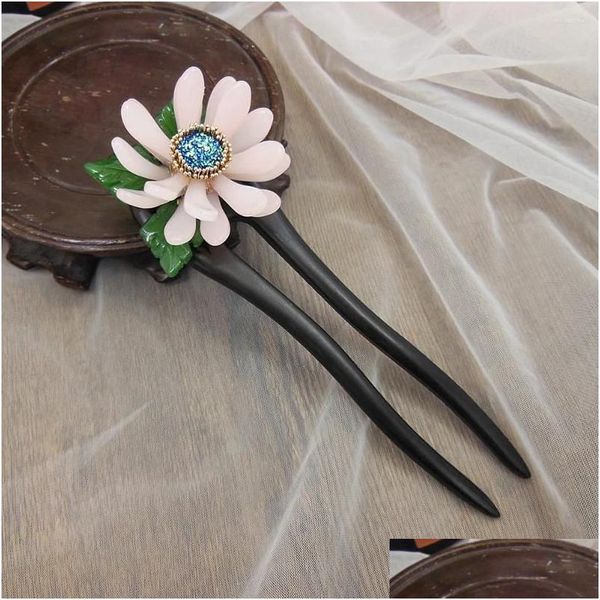 Grampos de cabelo Barrettes Crisântemo 2-Prong Ebony Stick Pin Vintage Esmalte Artglass Chinês Hairpin Pins De Madeira Pince Cheveux Femme Wigo Ot1At