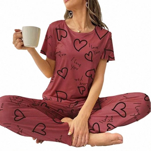 Outono Fi Home Pijama Terno Mulheres Pijamas Pijama Leite Seda Manga Curta Top com Calças 2 Peça Pijama para Senhoras Lingerie Y8E8 #