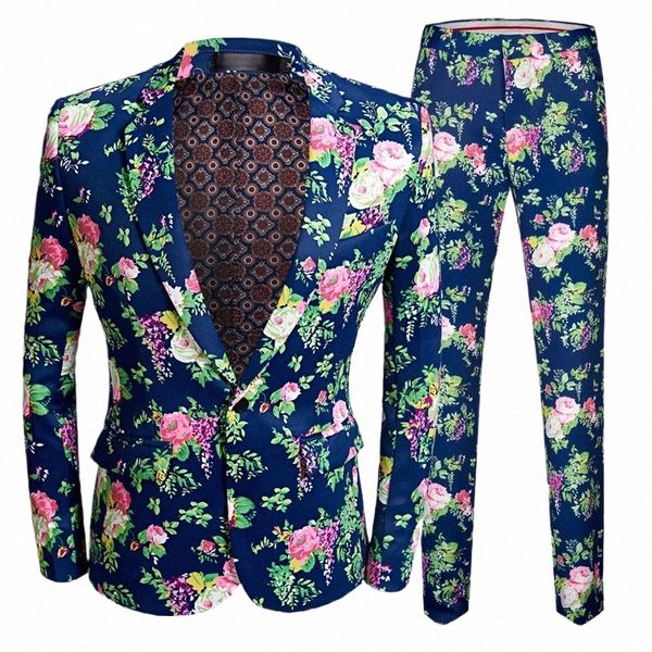 Novo design masculino rosa floral ternos palco cantor casamento noivo smoking traje azul terno de casamento alta qualidade baile dr q969 #