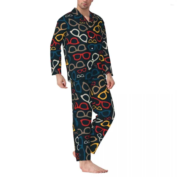 Casa roupas óculos coloridos impressão pijamas conjunto outono óculos inteligentes confortáveis pijamas casal 2 peças de grandes dimensões roupa de noite personalizada