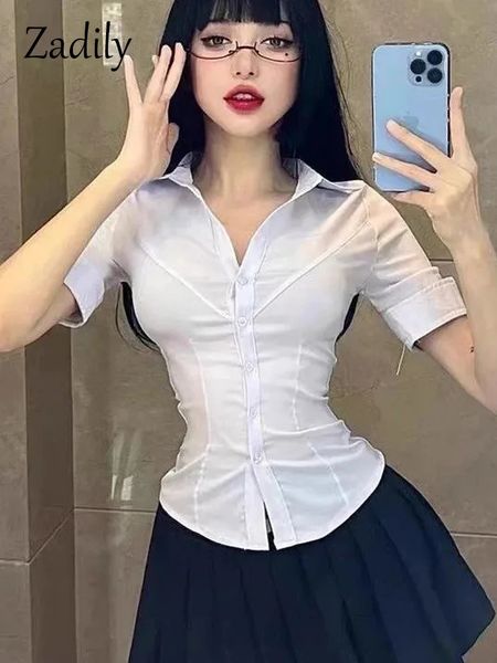 Estate in camicia bianca sottile sexy a maniche corte da donna stile coreano cravatta con bottoni camicetta da donna ufficio cosplay abbigliamento femminile 240328
