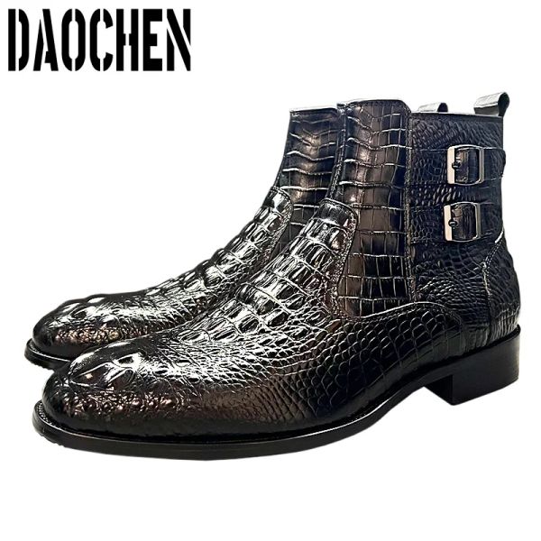Botas homens de luxo Botas de tornozels sapatos pretos crocodilo marrom zíper Chelsea dupla genuína vestido de couro botas masculinas