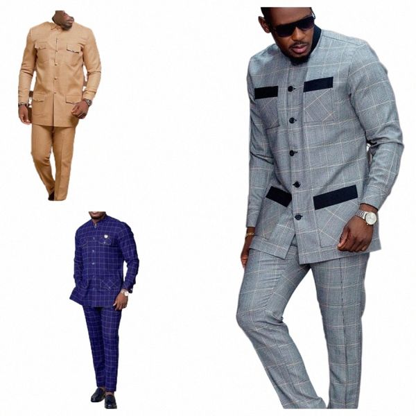 2024 Nuovo in stile africano elegante plaid monopetto top e pantaloni 2 pezzi festa di nozze Busin abbigliamento uomo Set O4Mj #