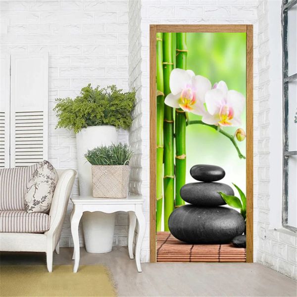 Çıkartmalar Zen Taş Bambu Kapı Sticker Phalaenopsis Çiçek Yapraklar Baskı Kapı Duvar Kağıdı Modern Meditasyon Tema Bitki Ev Duvar Dekoru