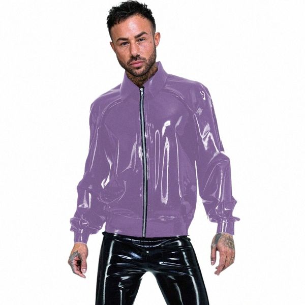 Glänzende Wetlook-Jacke Männer PVC Lg Sleeve Tops High Neck Frt Zip Mantel Clubwear Straße Lederjacke Party Casual Plus Größe c6cO #