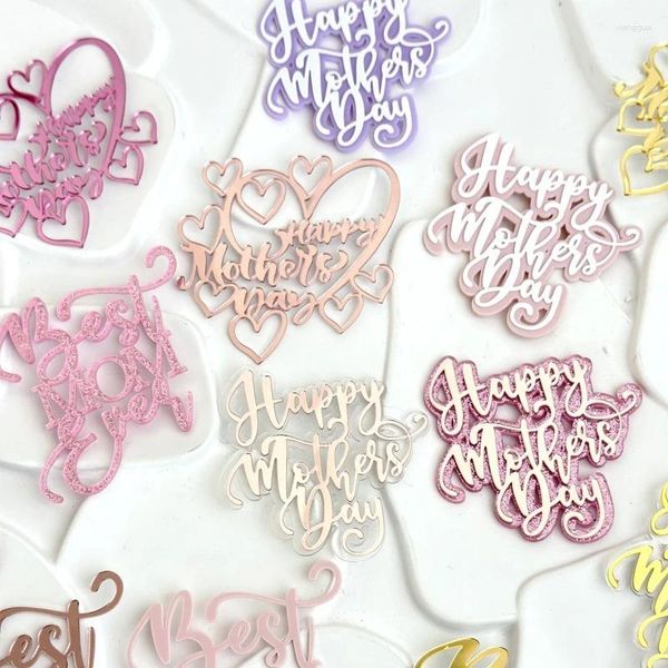 Cake Tools 10 Stück glitzernde Happy Mother's Day Toppers, Acrylspiegel, rosa Cupcake-Topper, Herz, MOM, Party, Dessert-Dekorationen
