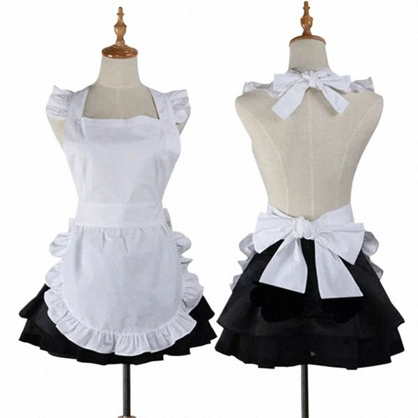 Feminino Branco Rosa Dona de casa Maid Cott Apr Coreano Bowknot Bonito Halter Pinafore Doce Francês Lolita Anime Uniforme Para Mulheres x6EJ #