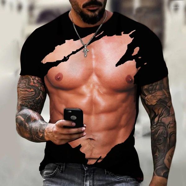 Homens camisetas 2024 t-shirt muscular para homens 3d impressão abdominal moda personalidade manga curta o-pescoço y2k top verão streetwear camisetas