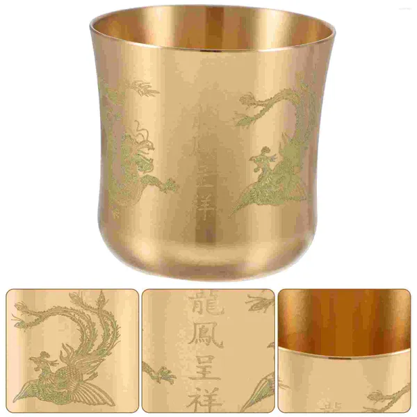 VINHOS DE VINHO INGLÊS Título: Gold Brass Chalice Cup Tibetano Buddhist Water Oferecendo tigela Dragão Phoenix Pattern Glassless Glassless