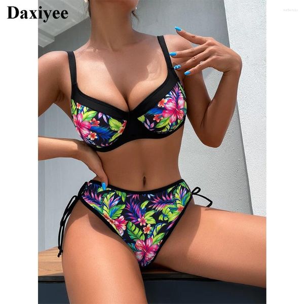 Frauen Badebekleidung floral bedruckt Unterdrückte Bikini Set Push Up Female Badeanzug schwarzer Grenze Frauen hoher Taille Draw String Badeanzug Schwimmanzug Schwimmen