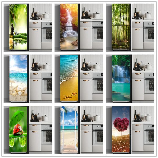 Adesivos de geladeira capa de geladeira porta paisagem planta mar vinil auto adesivo cozinha móveis decoração envoltório freezer adesivo diy