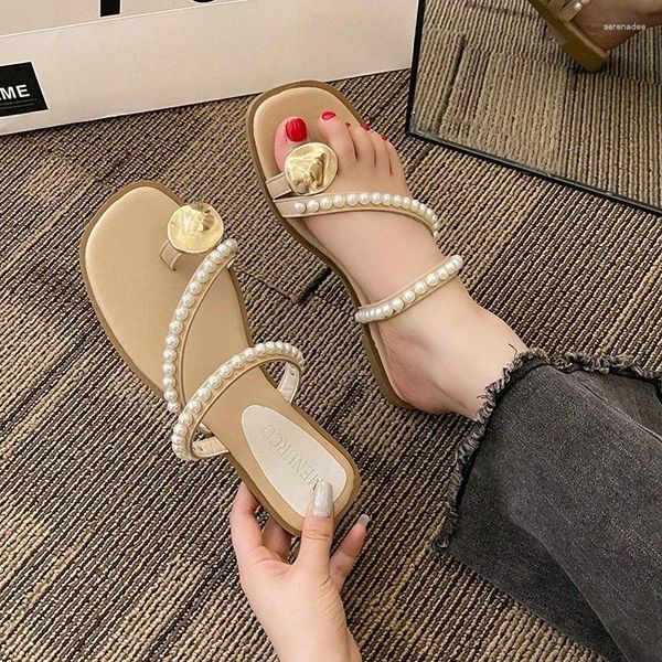 Chinelos 2024 verão casual simples pérola decorada sandálias elegante leve fundo plano aberto no: 9001-1