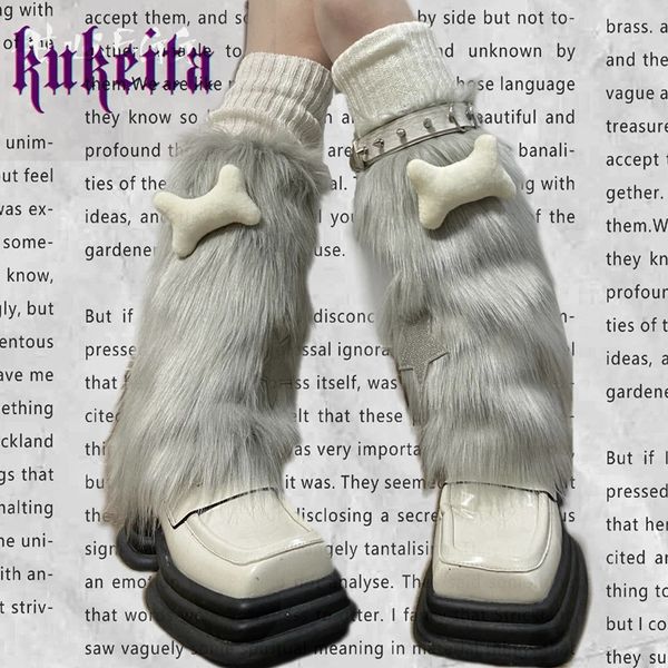 Harajuku y2k mulheres polainas meias punk rock rebite fivela peludo bota cobre japonês kawaii inverno quente perna capa streetwear 240315