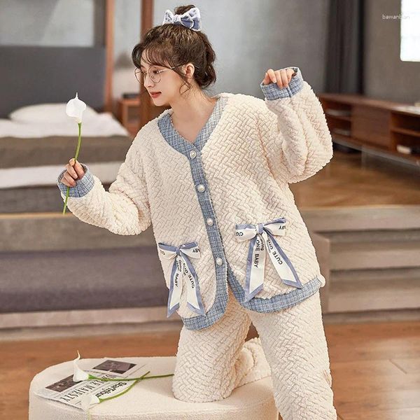 Startseite Kleidung Kawaii Bow Pyjamas für Frauen dicken Korallen Samt Herbst und Winter Thermo-Nachtwäsche Set langärmelige Hosen lässig