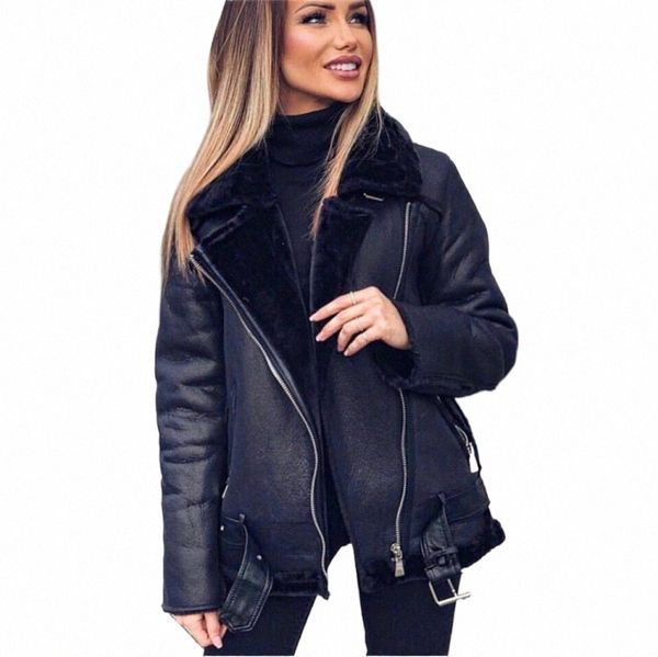 Jaquetas de couro falso mulheres novo inverno grosso camurça quente cordeiro preto outwear feminino aviador retro lapela veet pele um casaco mulher i6rm #