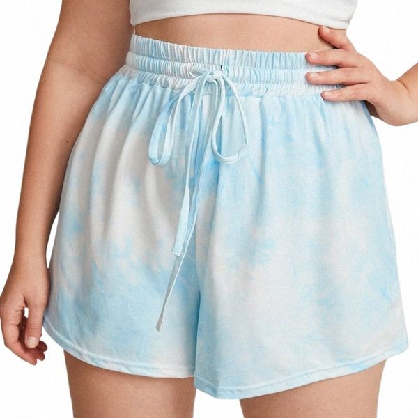 Plus Size Cordão Cintura Verão Casual Tie Dye Shorts Mulheres Soltas Perna Larga Knot Shorts Feminino Tamanho Grande Shorts Esportivos 7XL 8XL j1Rk #