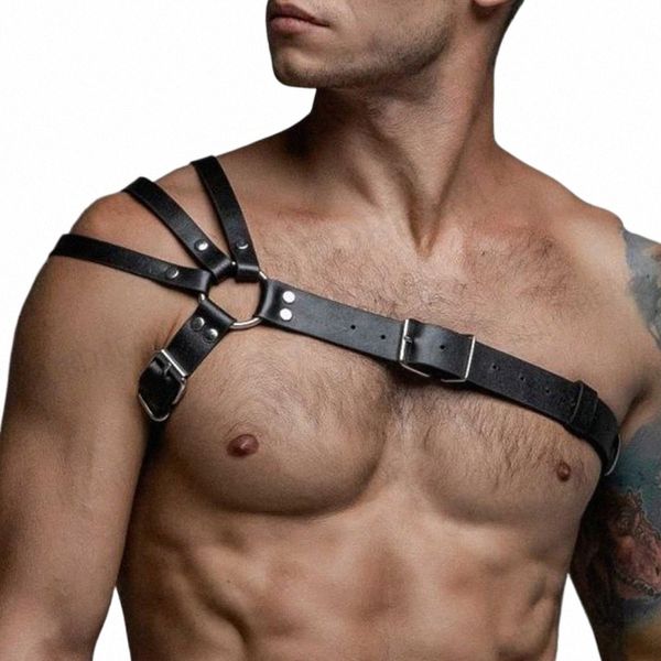 Petto da uomo in pelle con una spalla Harn Gay Men Bdage Upper Sexy Erotic Fetish Lingerie Body Club Rave Straps Crop B3eL #