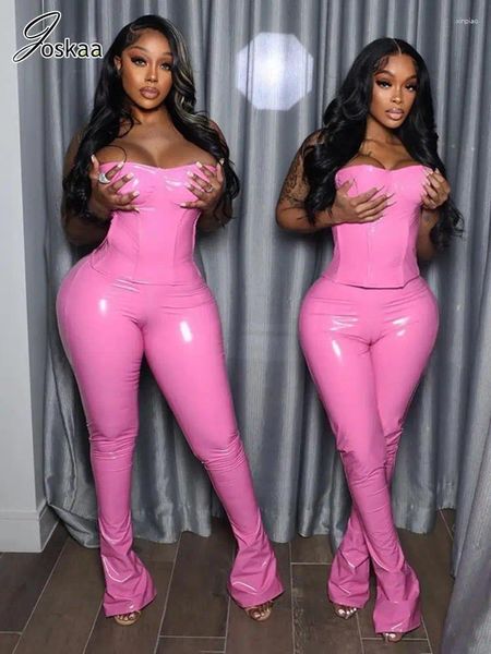 Zweiteilige Damenhosen Joskaa Shiny Pink Leather 2 Set Frauen Sexy Tube Tops und hohe Taille Flared Matching 2024 Frühling Party Club Outfits