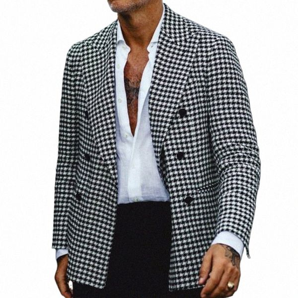 Fi New Houndstooth Busin Blazer Мужской клетчатый пиджак с зубчатыми лацканами Повседневный пиджак Формальный мужской Fi Костюм пальто Traje De Hombre i63A #