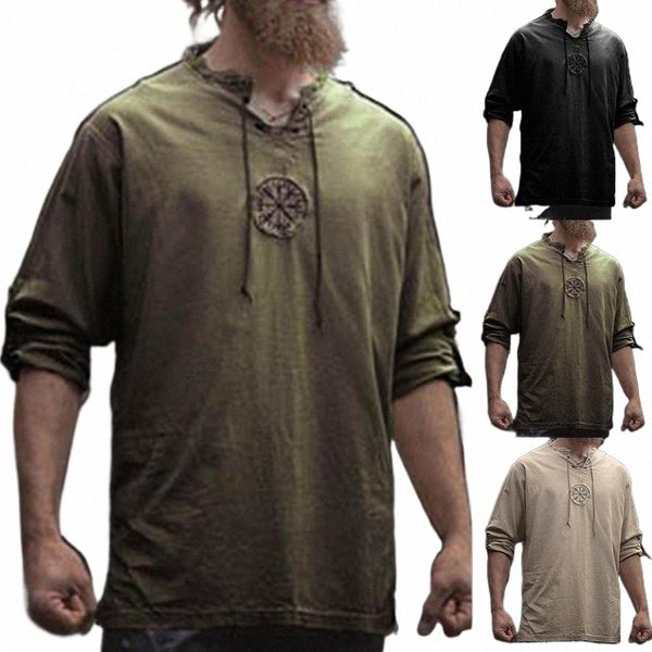 Männer Cott Leinen Hemd Top Kordelzug Bluse Antike Viking Stickerei Spitze Up V-ausschnitt Lg Sleeve T-Shirt Top Für männer Kleidung w694 #