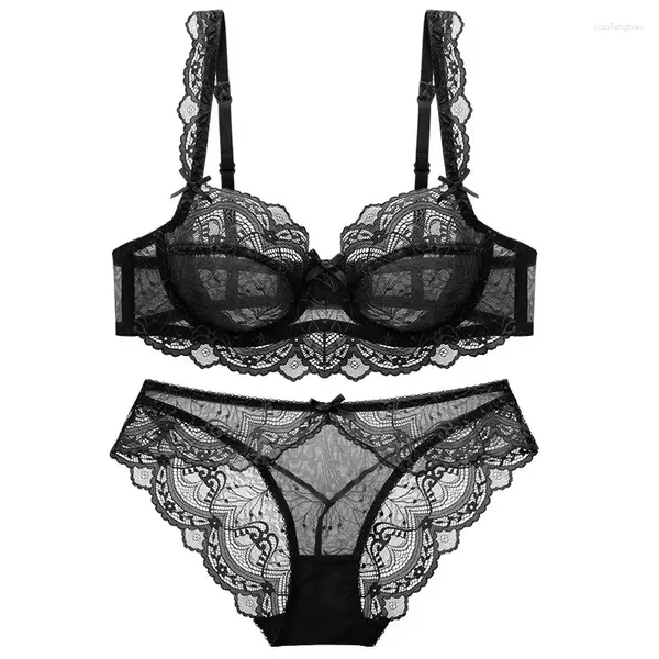 Conjuntos de sutiãs de renda francesa lingerie conjunto para mulheres esponja livre top doce fino algodão 3/4 copo feminino transparente breve