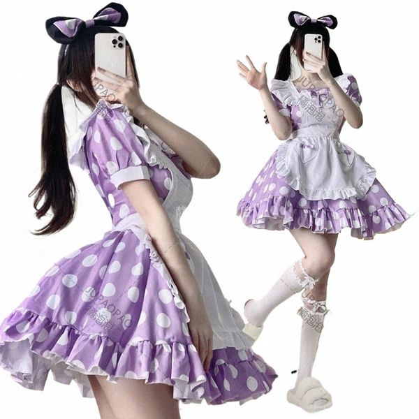 2024 Новинка Sweet Lolita OP Maid Dr Pink Soft Girl Women Princ Bow с рюшами в горошек Dres Kawaii Косплей Костюм L6O9 #