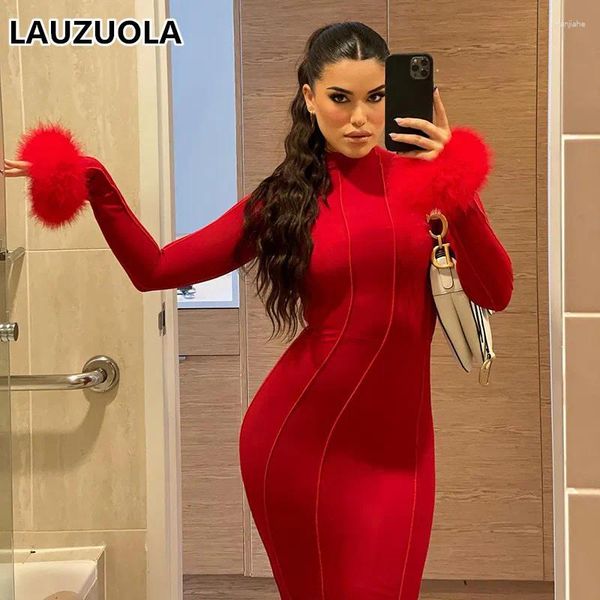 Lässige Kleider Sexy Flauschiger Saum Ärmel Rückenfrei Rot Langes Kleid 2024 Herbst Winter Mode Elegante Nacht Club Party Bodycon Outfits