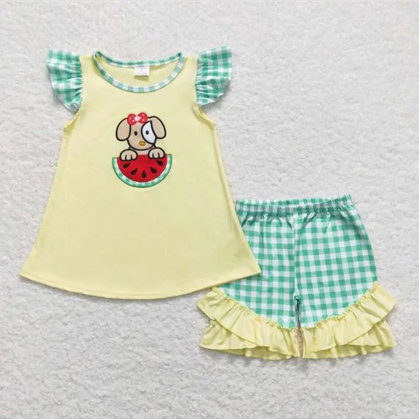 Baby-Jungen-Sommer-Outfits mit Wassermelonen-Hund, kurzen Ärmeln, süßes T-Shirt, karierte Shorts, Kinderkleidung, Kinder-Boutique-Großhandelssets 240323