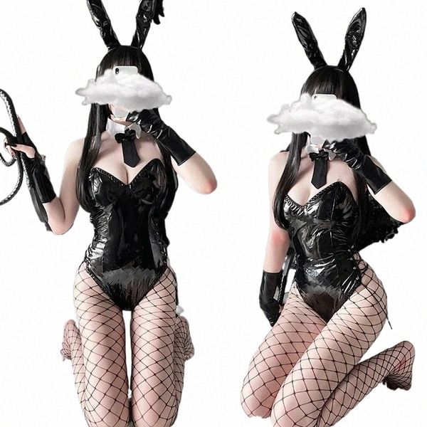 Costume cosplay sexy della coniglietta Costume intero in pelle PU Vestito di un pezzo della tuta Kawaii Orecchie di coniglio Anime Costume da cameriera Donna Lingerie erotica z01f #