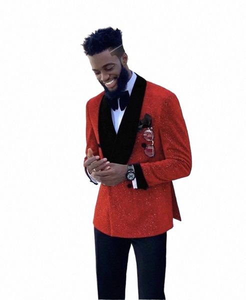 Luxus funkelnde rote Männer Anzüge Hochzeitsbräutigam Tuxedos 2pcs Formale Blazerhosen Doppelbrust Prom Wear Jacke+Hosen Outfit 30zy##