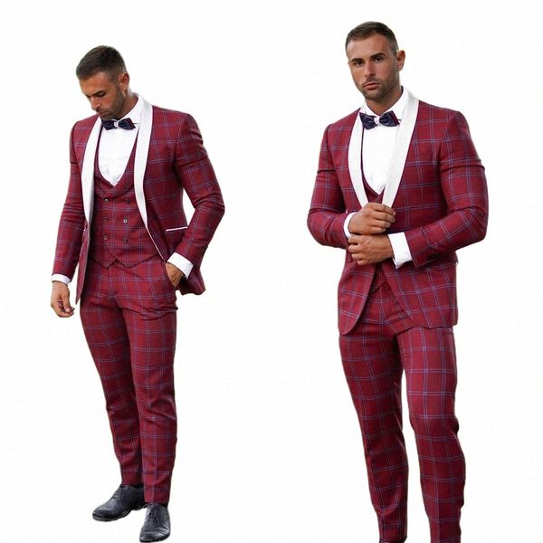 Escuro vermelho masculino terno sob medida 3 peças blazer colete calças único breasted xadrez formal busin causal festa diária sob medida u70d #