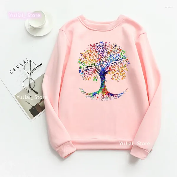 Felpe con cappuccio da donna Acquerello Albero della vita Felpa stampata Abbigliamento donna 2024 Divertente Artistico Bianco/Prink/Grigio Harajuku Maglione Top